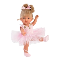 Papusa Llorens Valeria / Lu Balerina, din vinil moale cu corp articulat, costum roz cu tutu, 28 cm, 3 ani+