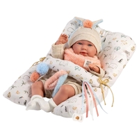 Papusa interactiva Llorens Mimi Llorona, bebelus cu corp moale, hainute ecru, suzeta si perna de joaca inclusa, 42 cm, 3 ani+