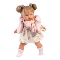 Papusa interactiva Llorens Joelle Llorona, bebelus cu corp moale, codite, vesta din blanita roz si sunete, 38 cm, 3 ani+