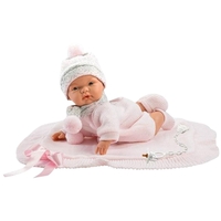 Papusa interactiva Llorens Joelle Llorona, bebelus cu corp moale din material textil, paturica roz si sunete, 38 cm, 3 ani+