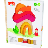 Joc de construcție și puzzle 3D din lemn Goki Evolution - Casa Ciupercă (Mushroom House), 7-11 piese