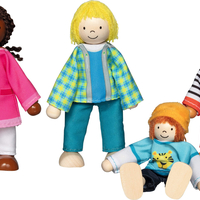 Set 4 Păpuși Flexibile din Lemn Goki, Familie Interculturală, 9-11 cm, +3 ani