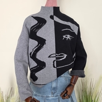 Pulover Jacquard Faces of Art-Negru