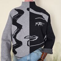 Pulover Jacquard Faces of Art-Negru