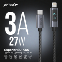 USB data kabal Superior SU-K107 pleteni Type-C na Lightning 3A 27W sa LED ekranom 1m crni