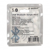 Gembird USB2.0/3.0 Bluetooth dongle v5.0, 2.4Ghz 3MB/s(24Mbps) 8dBm 20m
