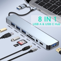 Adapter Type C - USB 3.0 JWD na 3x USB 2.0, PD, 3.5mm, SD, TF, USB 3.0 8 u 1 sivi