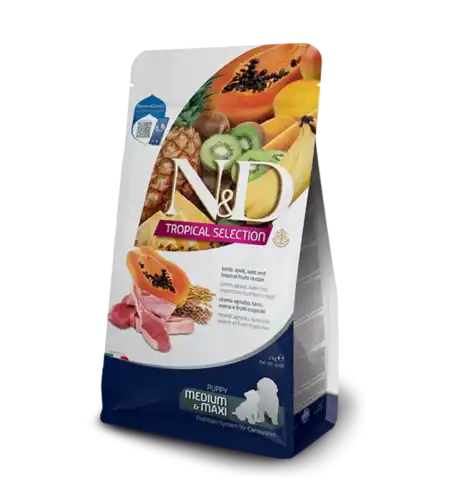 N&D Tropical Puppy Medium & Maxi Lamb – суха храна за подрастващи кученца от средни и едри породи с агнешко, спелта, овес и тропически плодове