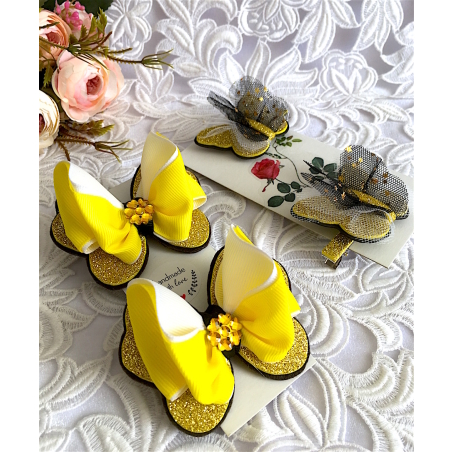 Желтый набор бант бабочка на заколке или резинке для девочки