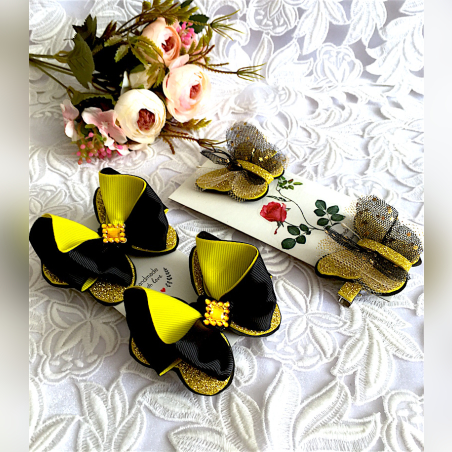 Банты бабочка набор на заколке и резинке для девочки черный с золотом