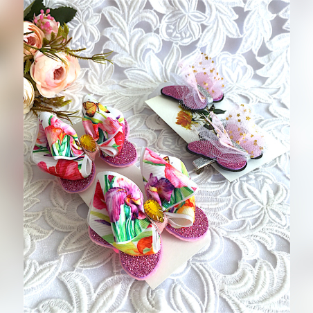 Банты бабочка набор на заколке и резинке для девочки розовый ирис