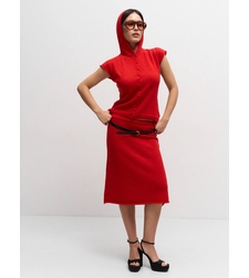 WOOL HOODED BUTTONED KNIT TOP IN RED