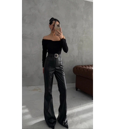 Кожен панталон High Rise Flare с колан Black