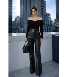 Кожен панталон High Rise Flare с колан Black