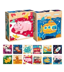 Дървени кубчета пъзел 6 в 1 Raya Toys Животни и Превозни средства