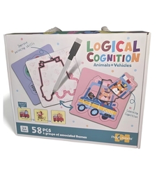 Двулицев пъзел Raya Toys Logical Cognition Животни и МПС, с маркер, 58 ч.