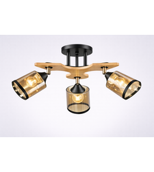 Модерен полилей 3 × E27 с метал и дърво – черно , натурално дърво и мес