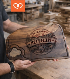 Дървена дъска за мезета от орех с надпис „Тук се събират легенди“ | Подарък за мъж
