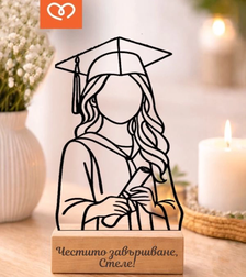 Подарък за абитуриентка – дървена статуетка за спомен с име и пожелание