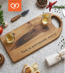 Орехова дъска „Само за майсторлъшки мезета“ с две чашки, подарък за мъж