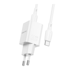 Мрежово зарядно Borofone, BN13 Safety GaN, PD 30W, Type-C, Кабел Type C-Type C, Бързо зареждане, Бяло/Черно