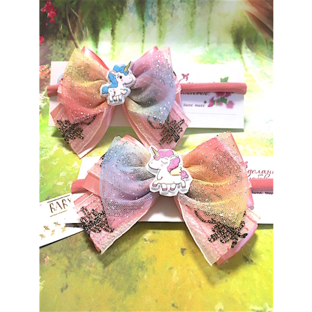 Розовый пудровый повязка на голову для девочки Единорог с атласным бантиком