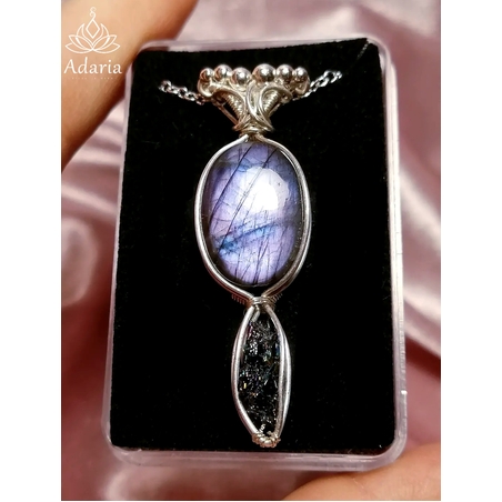 Сребърно колие с лилав Лабрадорит и Карборунд