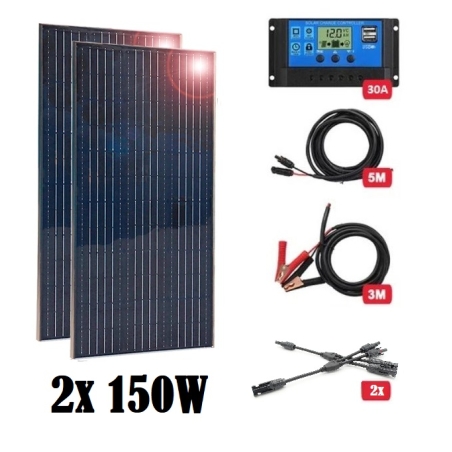 Комплект 300w соларен панел + 30А контролер + кабели 8м.