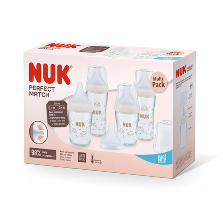 NUK Perfect Match Сет 5 Стъклени Шишета 2х120мл + 2х230мл с Допълнителен Биберон за Хранене U 1 Брой с Дъга