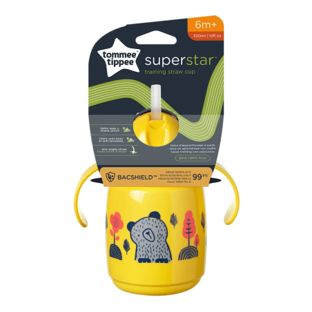 Tommee Tippee Неразливаща се Чаша със Сламка и с Дръжки SuperStar с Покритие Bacshield300 мл 6м+ Жълта