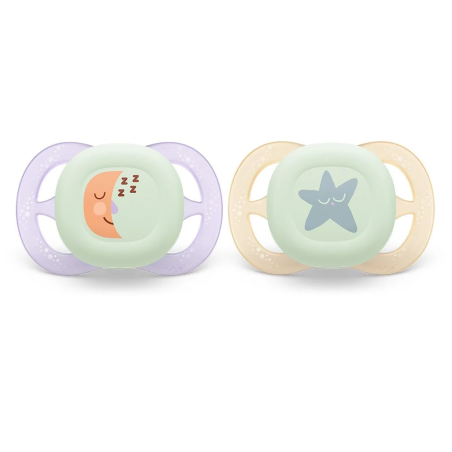 Philips AVENT SCF075/07 Комплект от 2 броя светещи в тъмното ортодонтични Ultra Start Night 0-2м в оранжево и лилаво с декор луна и звезди в кутия за стерилизиране