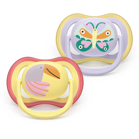 Philips AVENT SCF087/04 Комплет 2 Броя Ортодонтични Силиконови Залъгалки Ultra Air от 0-6м+ Пастелни Цветове с Картинки в кутия за Стерилизиране