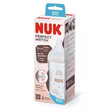NUK Perfect Match Стъклено Шише 230мл. със Силиконов Биберон за Хранене M 3+ месеца с Дъга