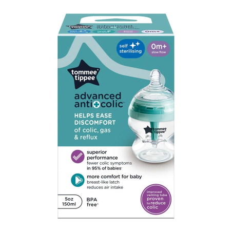 Tommee Tippee Advanced Anti-Colic+ 150 мл. 0м+ Самостерилизиращо се шише за хранене с иновативна система за намаляване на коликите