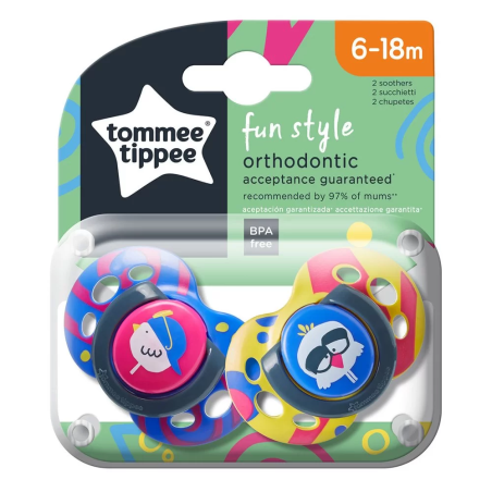 Tommee Tippee ОРТОДОНТИЧНИ ЗАЛЪГАЛКИ - FUN STYLE 6-18М (2 бр./оп.) ПТИЦА