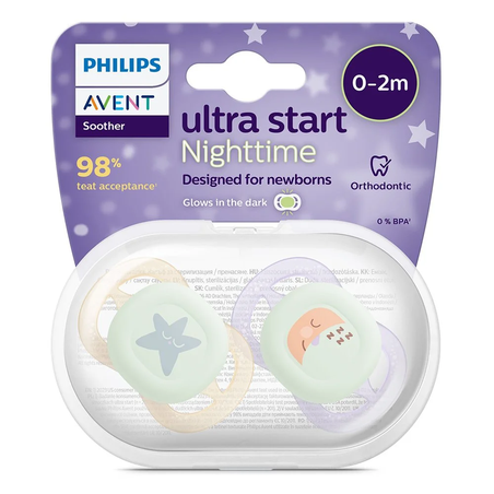 Philips AVENT SCF075/07 Комплект от 2 броя светещи в тъмното ортодонтични Ultra Start Night 0-2м в оранжево и лилаво с декор луна и звезди в кутия за стерилизиране