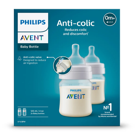 Philips AVENT SCY100/2 Комплект от 2 Броя Шишета 125мл с Биберон със сила на Потока 1 от 0м+