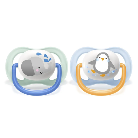 Philips AVENT SCF080/05 Комплект 2 Броя Ортодонтични Залъгалки Ultra Air Animals 0-6м+ Декорация Слон и Пингвин в Кутия за Стерилизиране