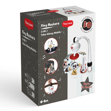 TINY LOVE Take-Along Mobile 3-в-1 Музикална въртележка от серията Tiny Rockers с 3 лесни начина за закачане у дома или в движение 30 минути музика с 5 рок-енд-рол мелодии 0м+