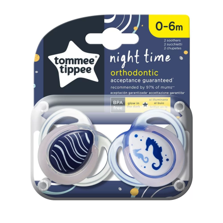 Tommee Tippee ОРТОДОНТИЧНИ ЗАЛЪГАЛКИ - NIGHT 0-6М (2 бр./оп.) МОРСКО КОНЧЕ