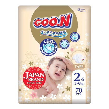 Goo.N Premium Soft Пакет от 70 броя Еднократни бебешки пелени размер 2 за деца с тегло от 3 до 6 кг