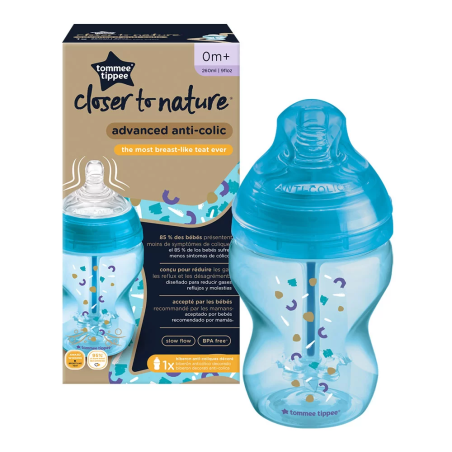 Tommee Tippee ШИШЕ ЗА ХРАНЕНЕ ANTI-COLIC 0м+ 260 ml  ДЕКОР син