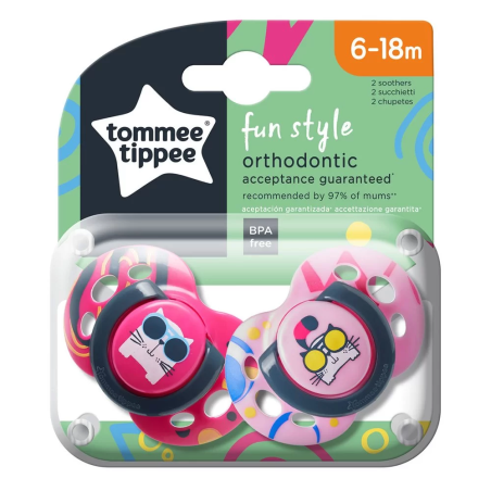 Tommee Tippee ОРТОДОНТИЧНИ ЗАЛЪГАЛКИ - FUN STYLE 6-18М (2 бр./оп.) КОТКА