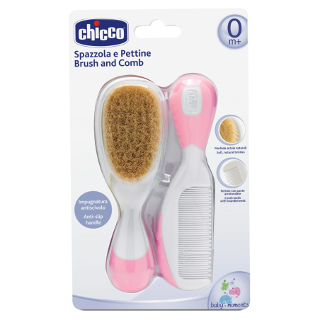 CHICCO Комплект гребен и четка от естествен косъм 0м+ розов
