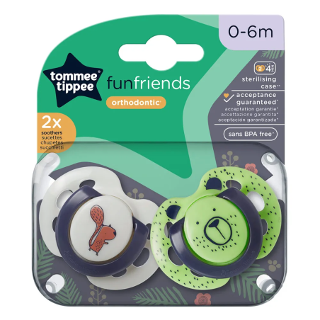 Tommee Tippee Ортодонтични Залъгалки Fun Friends 0-6M+ 2 Броя Зелено Мече