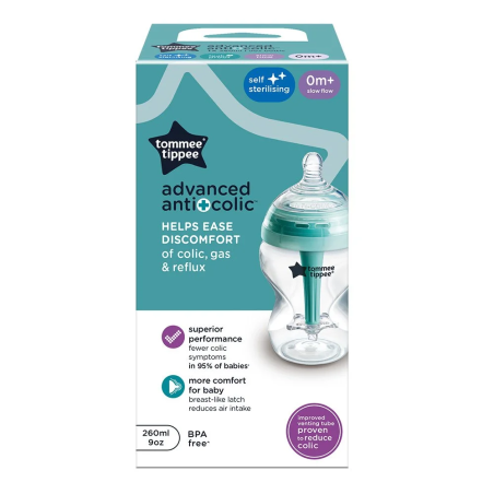 Tommee Tippee Advanced Anti-Colic+260 мл. 0м+ Самостерилизиращо се бебешко шише за хранене с иновативна система за намаляване на коликите