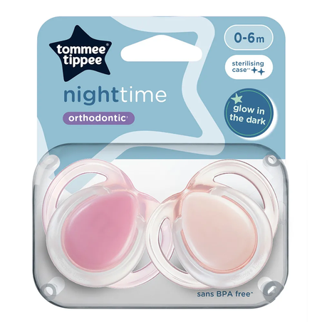 Tommee Tippee Ортодонтични Залъгалки Night Time 0-6М+ 2 Броя Розови и Светещи Дръжки