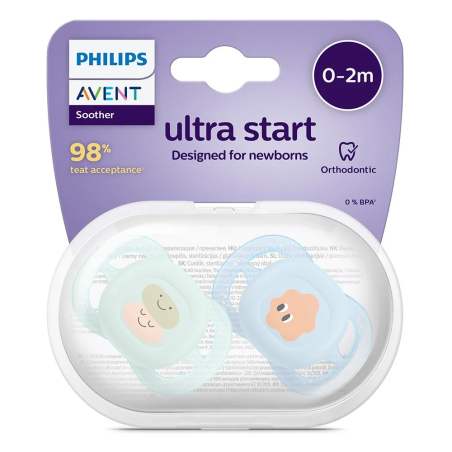 Philips AVENT SCF075/04 Комплект от 2 броя ортодонтични залъгалки за новородени  Ultra Start 0-2м в синьо и зелено със забавен декор в кутия за стерилизиране