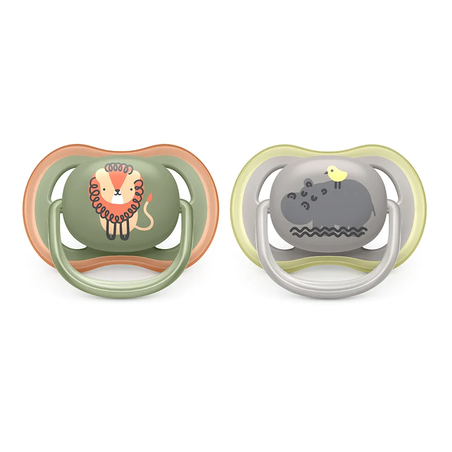 Philips AVENT SCF085/17 Комплект 2 Броя Ортодонтични Залъгалки Ultra Air 6-18м+ с Декорация Лъв и Хипопотам в Кутия за Стерилизиране