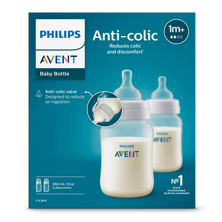Philips AVENT SCY103/02 Комплект от 2 Броя Шишета за Хранене Anti-Colic 260 мл със сила на Потока 2 от 0м+
